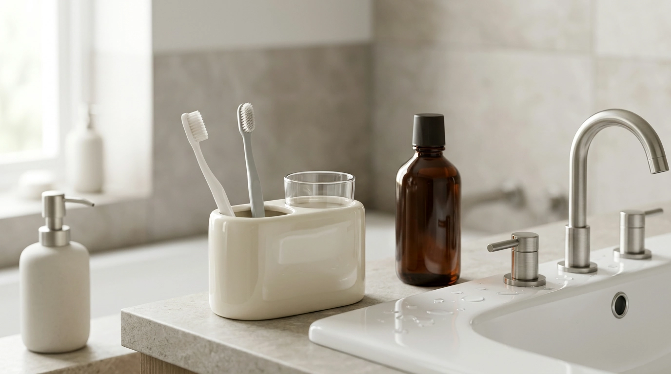 Ceramic Toothbrush & Mouthwash Holder for a Tidy Sink